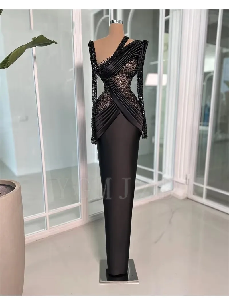 Schwarze Dubai-Abendkleider, elegant, lange Ärmel, Perlen, Falten, formeller Abschlussball, Geburtstagsparty-Kleider, besondere Anlässe, individuell gestaltet