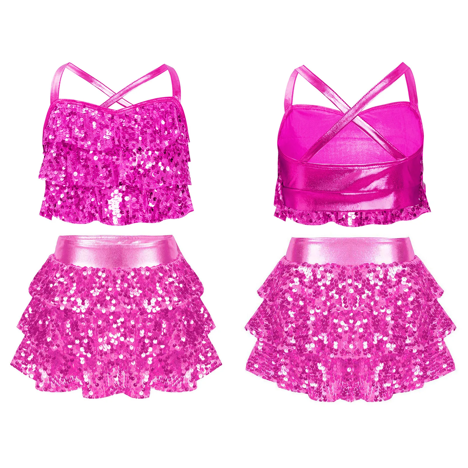 Kinder Mädchen Jazz-Sets mit metallischen Pailletten, glitzerndes, gestuftes Rüschen-Crop-Top mit überkreuztem Rücken und Culottes für Performance-Tanz