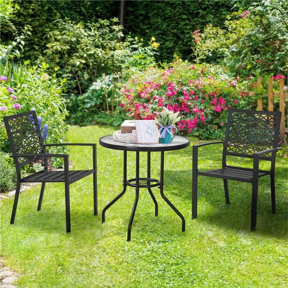 Butterslay 27.5'' Outdoor Coffee Table Round Bistro Table With Tempered Glass Top & Umbrella Hole Metal Frame Dining Table For B