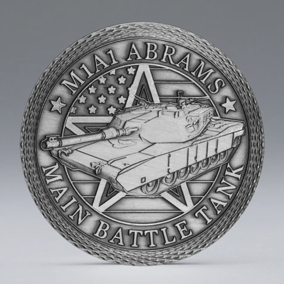 Moneda de recuerdo del tanque de batalla principal M1A1 Abrams del Ejército de EE. UU., moneda coleccionable plateada del Departamento del Ejército