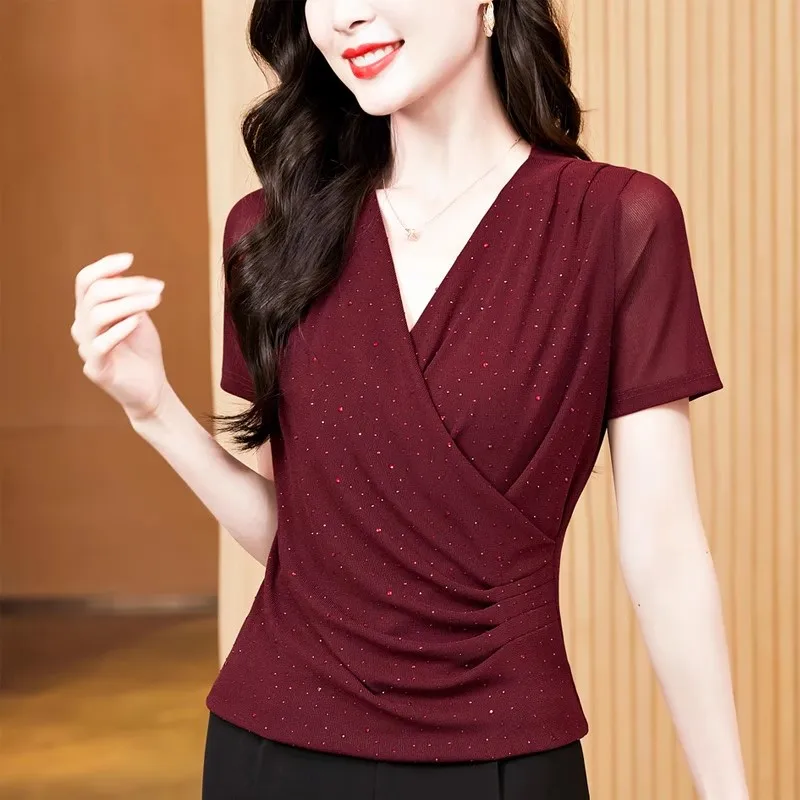 

New Fashion Cross V-neck Rhinestone Solid Color T-shirt For Women Summer Short Sleeved Folded Slim Mesh Tees Ladies Tshirt