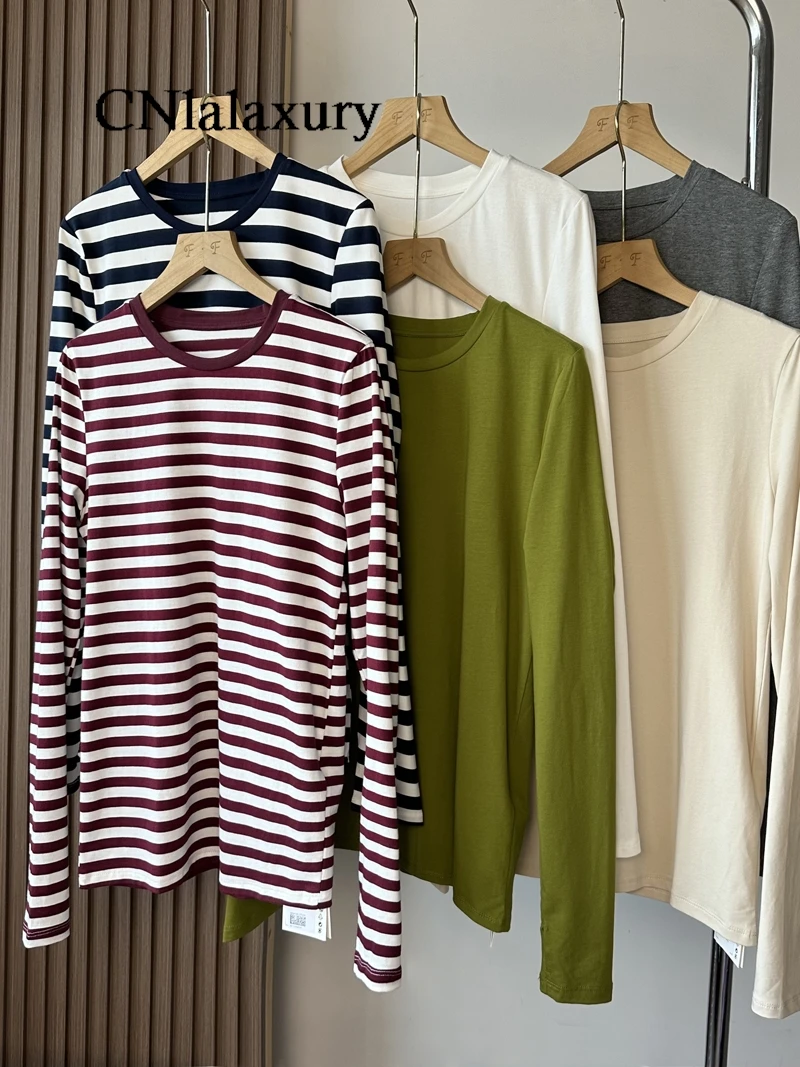 CNlalaxury Stripe Tshirt Women 2024 Autumn Casual Pullovers Female  Long-sleeved Round Neck T shirt Tops