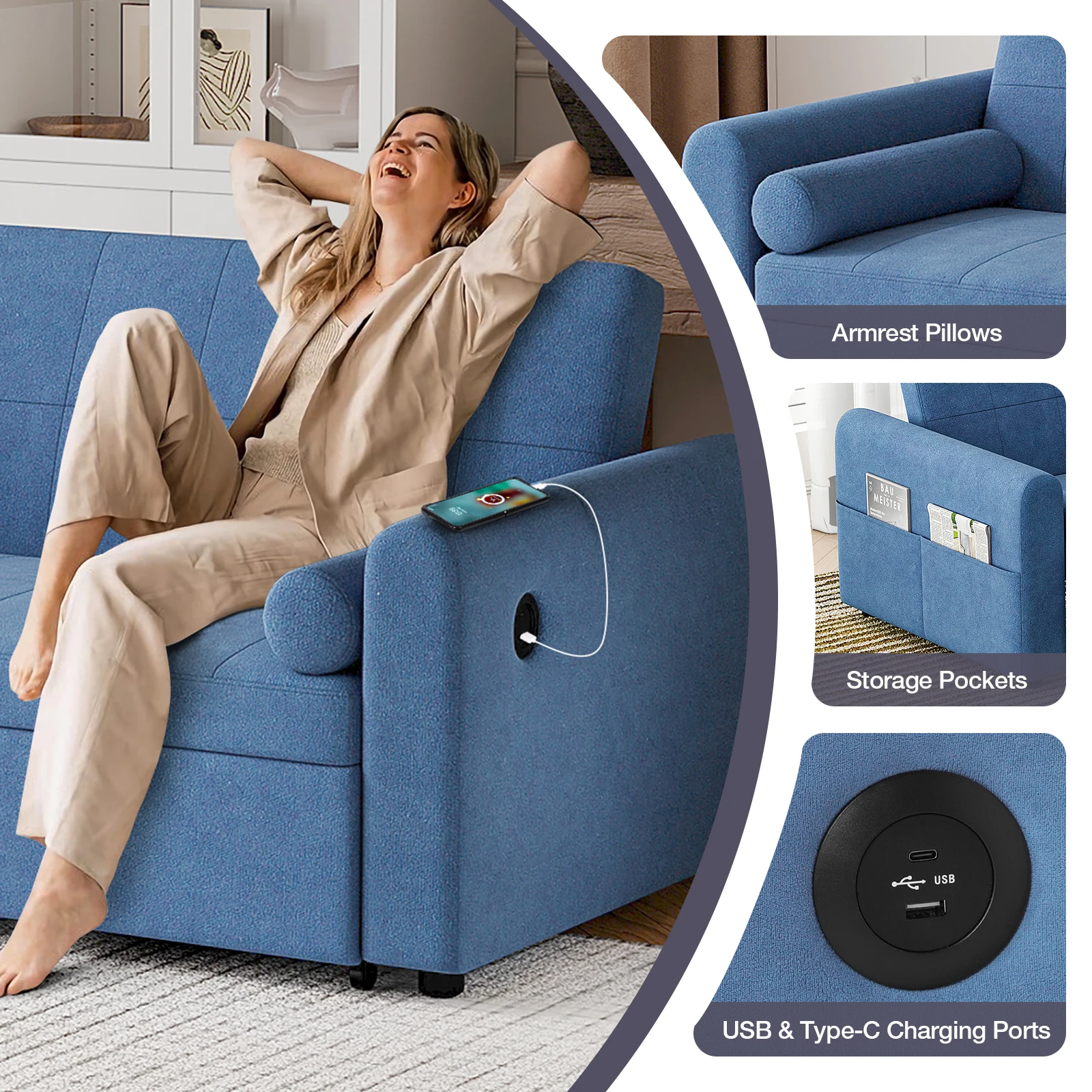 أريكة سرير بمقعدين، أريكة سرير زاوية قابلة للتحويل 3 في 1 مع منافذ USB ونوع C، كرسي نوم مزدوج من الكتان قابل للسحب مع جيب #4