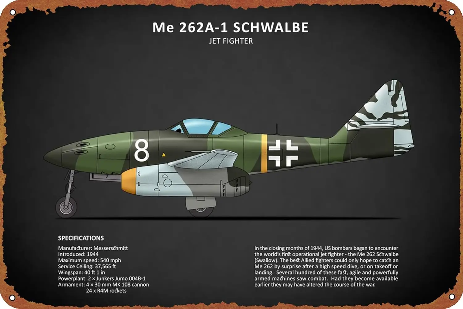 Das ME 262 Metall-Aluminium-Poster im Retro-Stil für Heimdekoration, Bar, Büro, Café, Küche, Schlafzimmer, Restaurant, Garage, Supermarkt, Lager