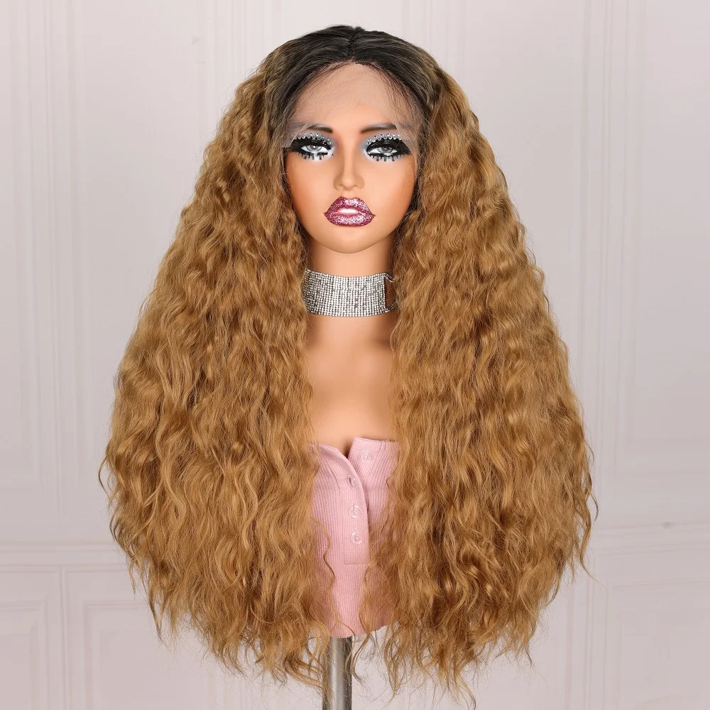 

Soft 180Density Ombre Blond Kinky Curly Preplucked 26 Inch Long Lace Front Wig For Women With Baby Hair Glueless Synthetic Daily