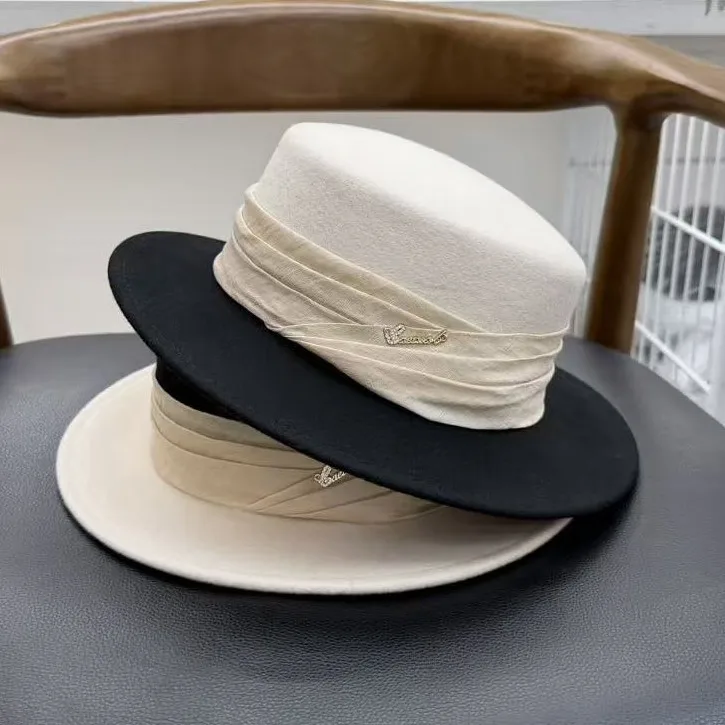high-quality-elegant-women's-winter-autumn-wool-top-hat-flat-top-wide-eyed-graceful-patterned-bucket-hat-adjustable-comfortable