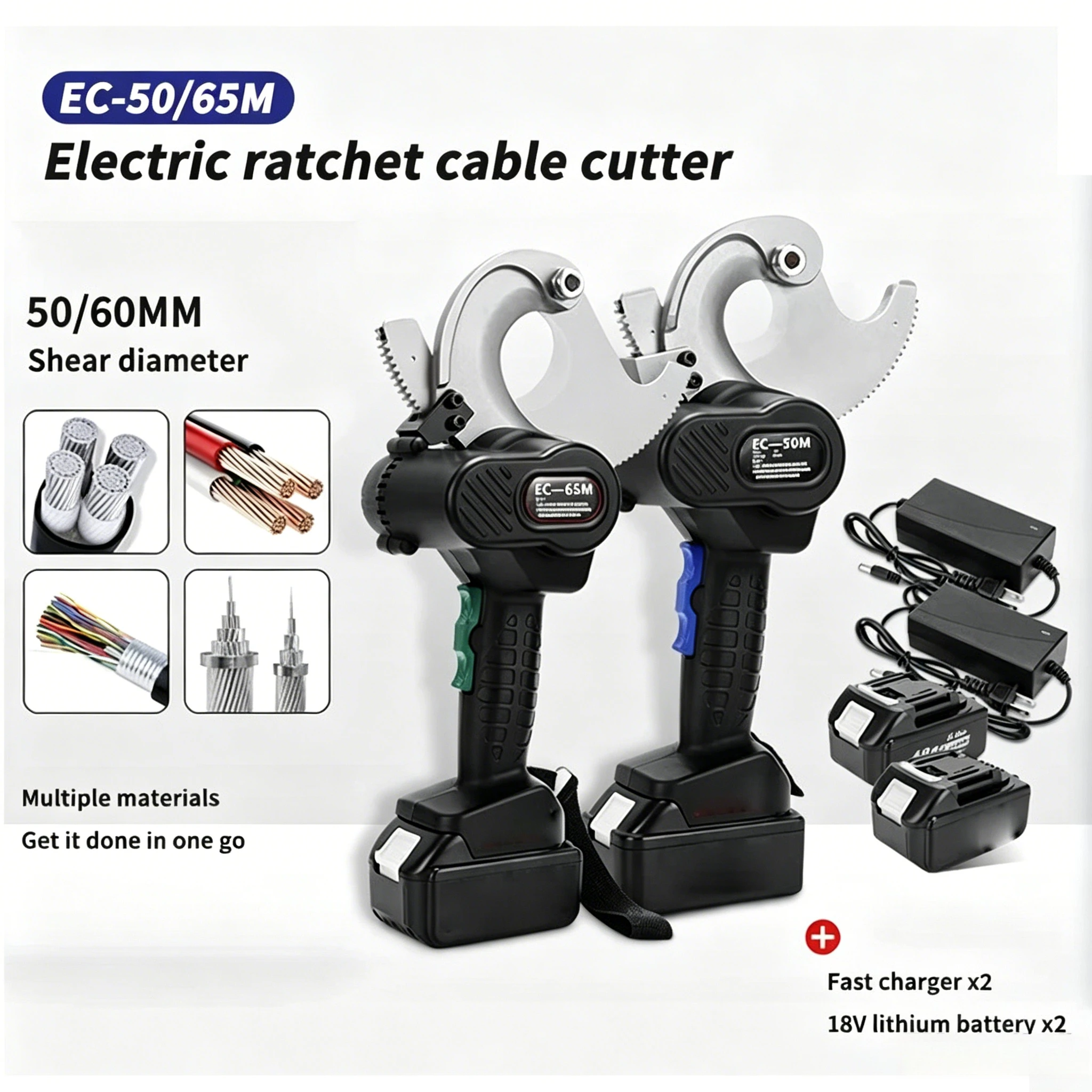 18V 5.0Ah  EC-50/65M Handheld Electric Cable Cutting Tool, Ratchet Type Fast Cutter for Copper Aluminum Steel Wires