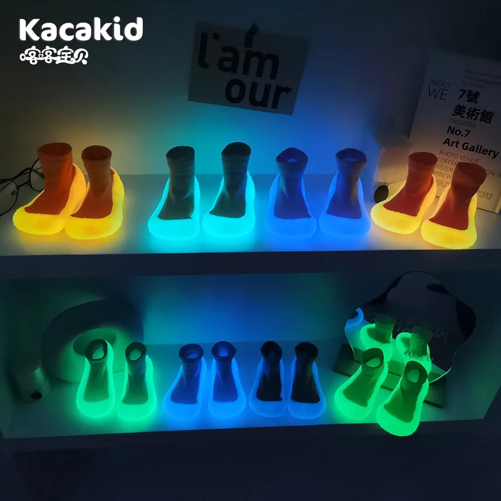 Kacakid Kind Rubberen Zool Vloer Schoenen Baby Lichtgevende Anti-Slip Sok Schoenen Unisex Indoor Outdoor Kids Slippers Knit Laarsjes