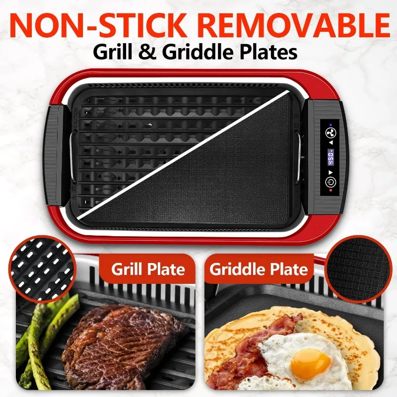 Indoor Grill, CUSIMAX Smokeless Grill Indoor, Electric Grill Griddle,1500W Korean BBQ Grill,LED Smart Display&Tempered Glass Lid