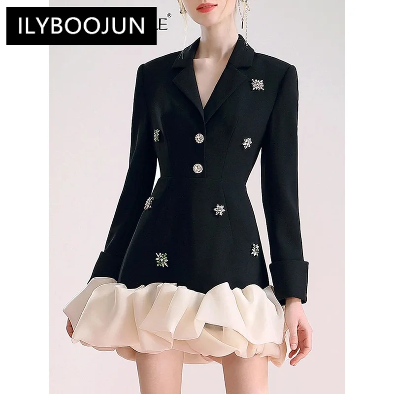 

ILYBOOJUN Colorblock Patchwork Diamonds Elegant Dresses For Women V Neck Long Sleeve High Waist Spliced Organza Dress Female