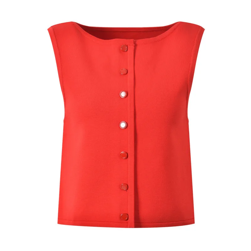 CHUJIE Dames 2025, zomers gebreid vest met rode knopen aan de voorkant + rok met hoge taille - mouwloze outfit van viscosemix met ronde hals
