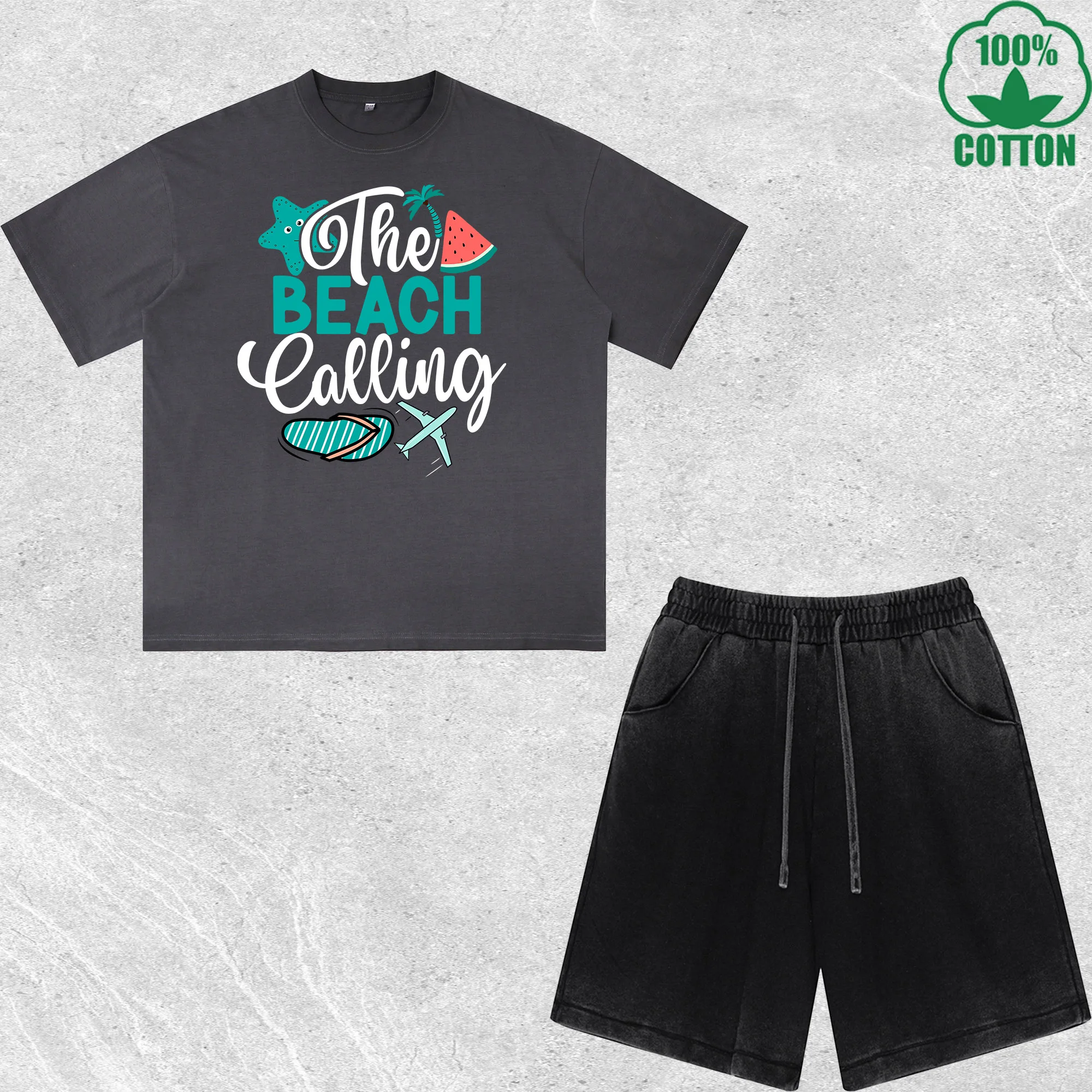 

The Beach Calling Printed Dirty Wash T-Shirt Shorts Set Combo Loose Trendy Fashionable 100%Cotton Black Suit