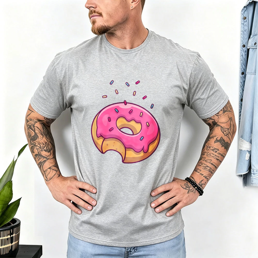 Half Eaten Pink Sprinkle Donut Graphic Short Sleeve Tops Sweet Dessert Vacation T-shirt Soft Aesthetic Cotton Men's Women's Tee
