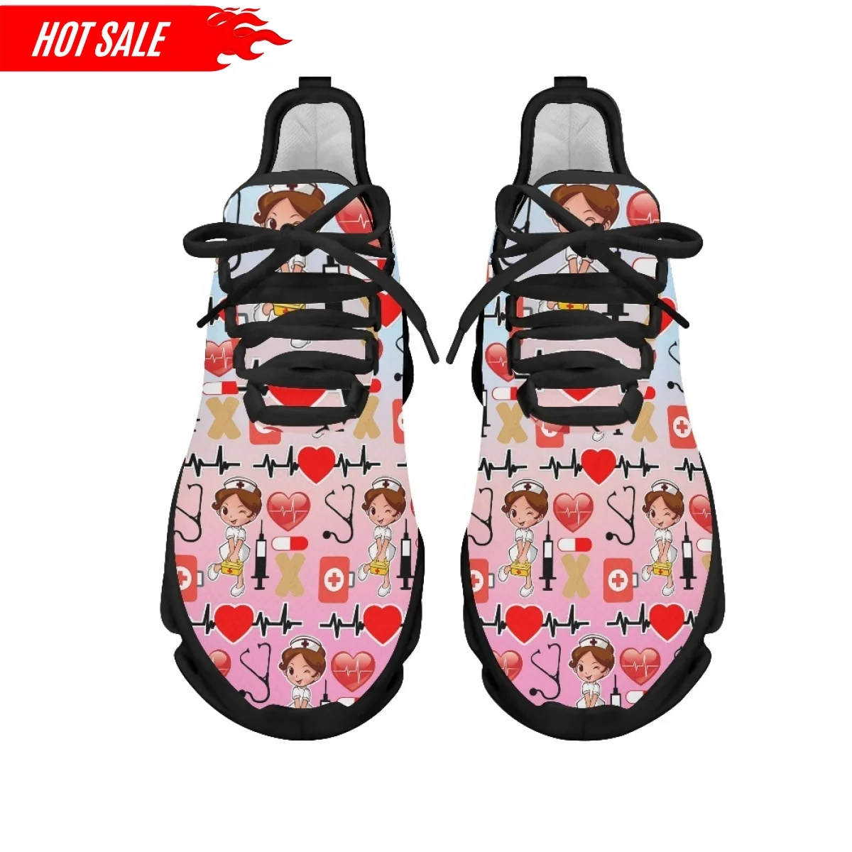 Fashion Women's Nurse Shoes Casual Flat Sneaker Gradient Color Nurse Print Ladies Lace Up Light Walking Shoe Breathable Footwear