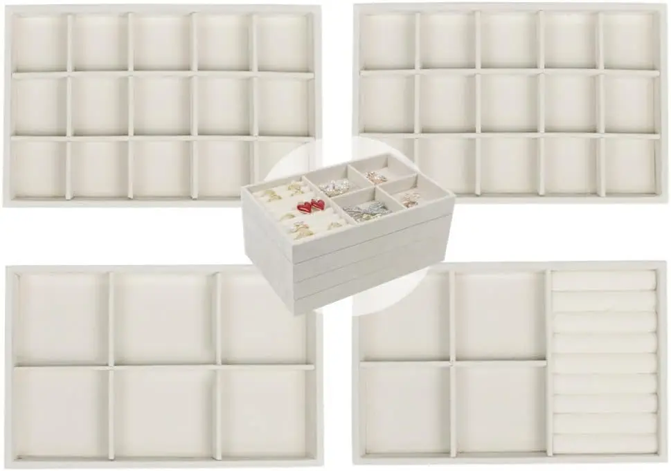 

Набор из 4-х штабелируемых бархатных лотков-органайзеров для украшений с разделителями, бежевые демонстрационные ящики для серег, колец, браслетов