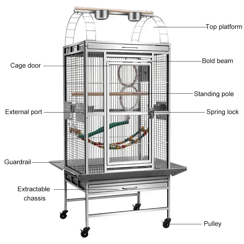 Stainless Steel Parrot Cage Medium Large Deluxe Bird Cottage Extra Large Space Parrot Breeding Cage With Wheels 51*61*152cm