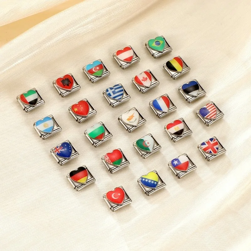DropShipping Various Countries National Flags Heart Shape Italian Charm Links Fit 9mm Stainless Steel Bracelet Wholesale Jewelry