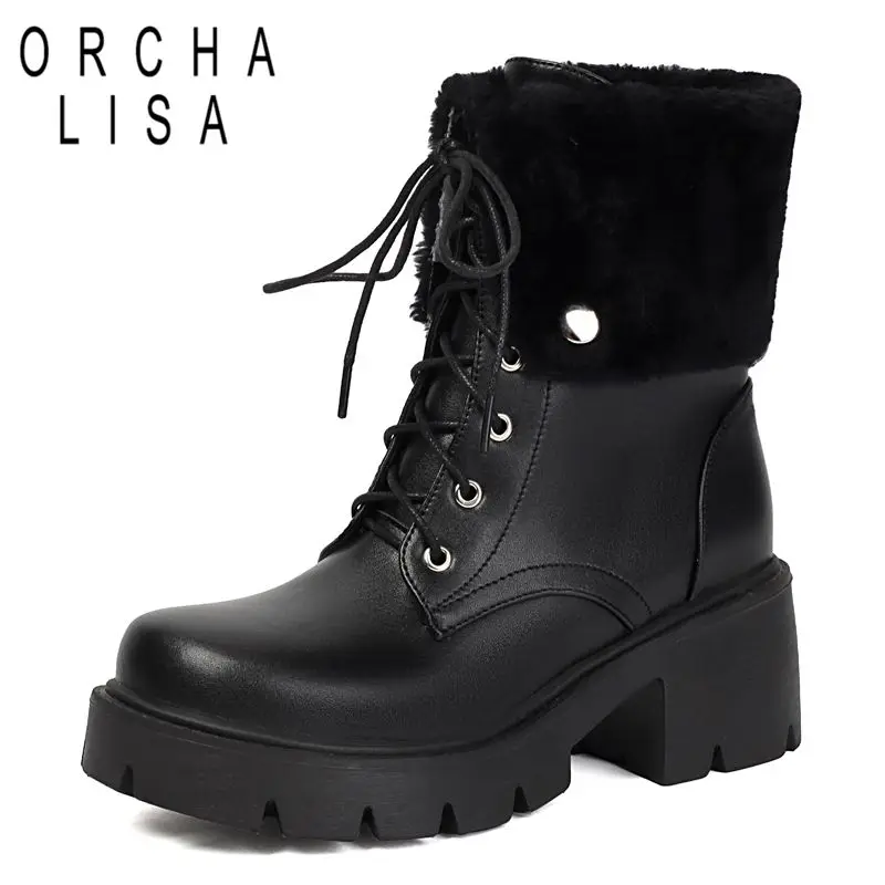 

ORCHA LISA Модные женские ботильоны с круглым носком на блочном каблуке 6 см на платформе 2 см на шнуровке Большой размер 41 42 43 Повседневная повседневная обувь Bota Осень