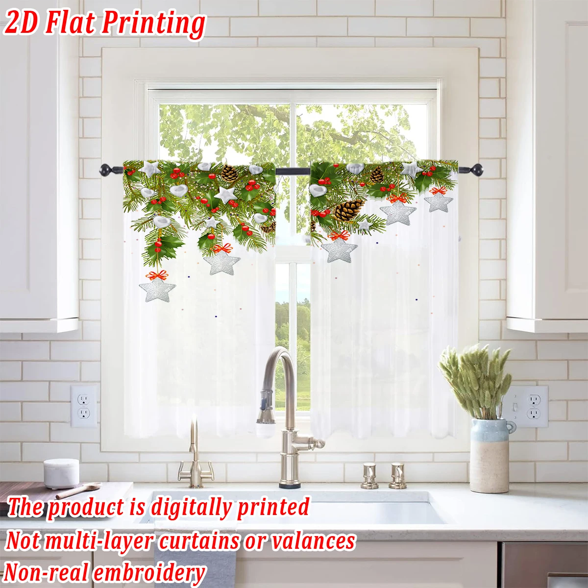 Christmas Flat Printing Kitchen Sheer Curtain with Christmas  Star Ornament Pinecone Pine Branch For Christmas Home Decor  Party