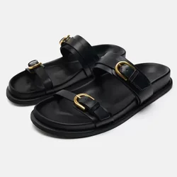 Thick Bottom Women Beach Shoes Outdoor Casual Flat Slides for Female Fashion Metal Buckle Soft Leather Summer Ladies Slippers