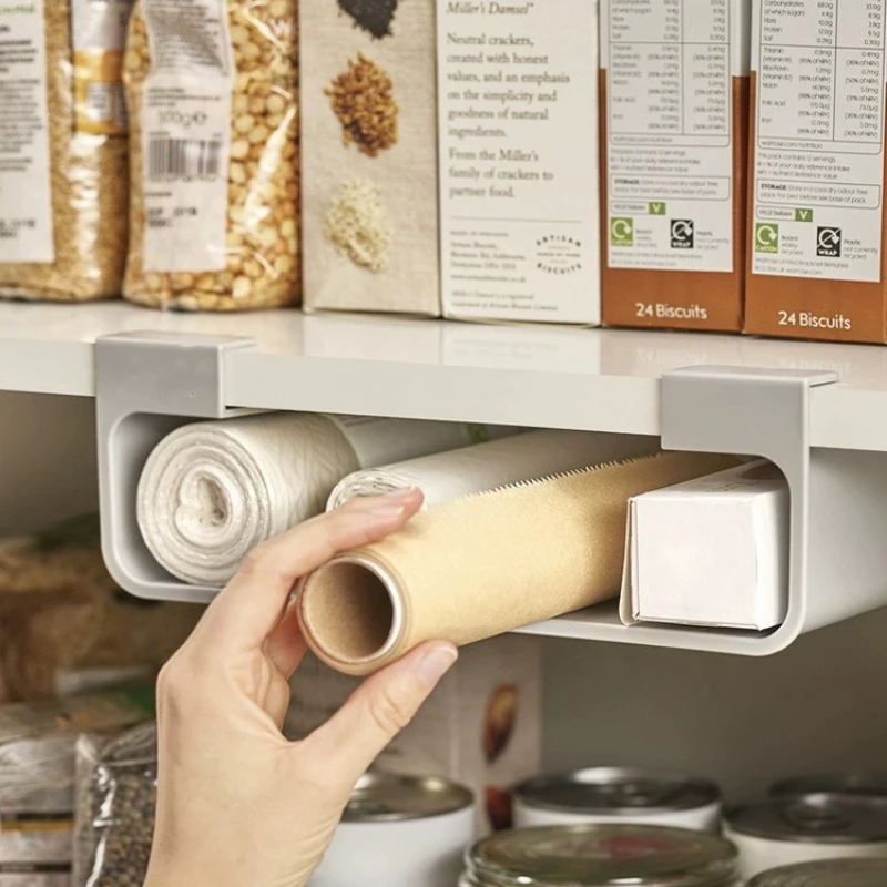 Wall Mount Cling Film Foil Storage Dispenser No Drill Under Cabinet Organizer Rack with Cutter Kitchen Shelf