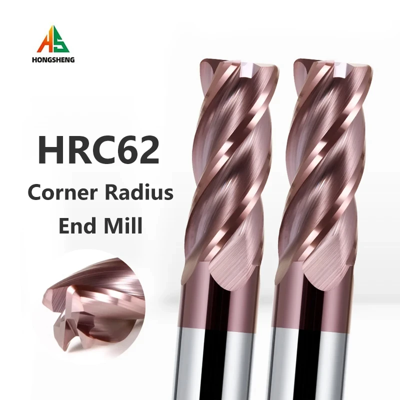 HRC62 Corner Radius End Mill  4 Flutes R0.5 R1 R2 Bullnose CNC Tungsten Carbide Steel Cutter Surface Machining Metal Router Tool