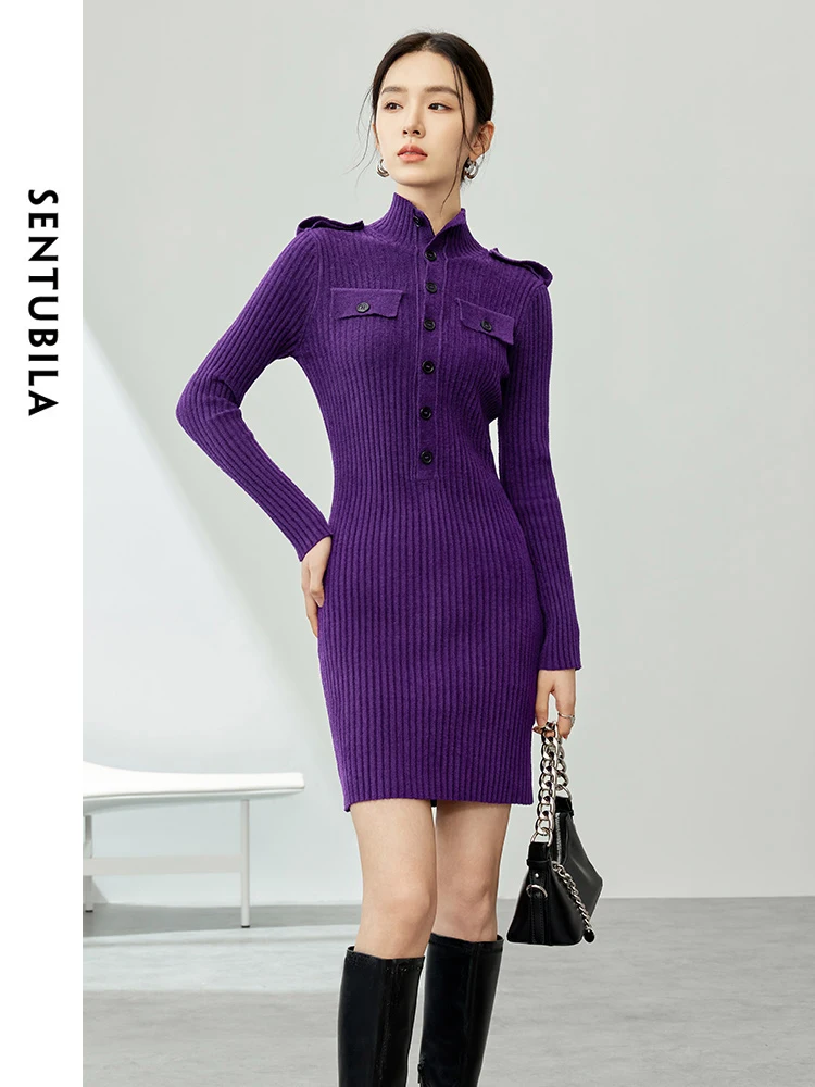 SENTUBILA Half High Collar Straight Long Sleeve Knitted Dress 2024 Spring Fashion Single Breasted Slim Mini Dresses W41L53935X