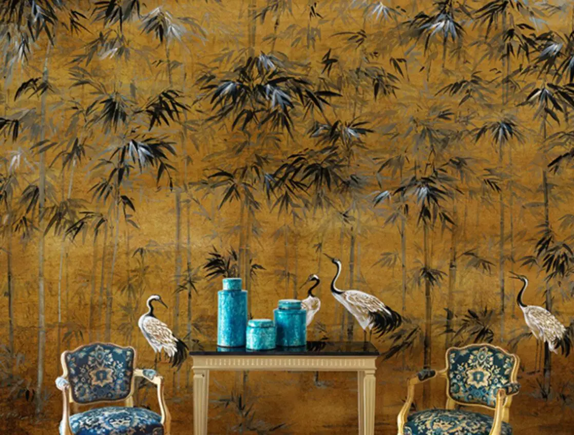 Custom 3d wallpaper mural bamboo leaf crane study tea room bedroom sofa background wall papel de parede home decor