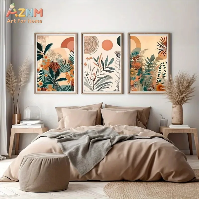 3pcsAZNM Boho Mid Century Modern Tropical Plant Sunflower Canvas Wall Art, Vintage Botanical Floral Leaf Abstract Poster, Minima