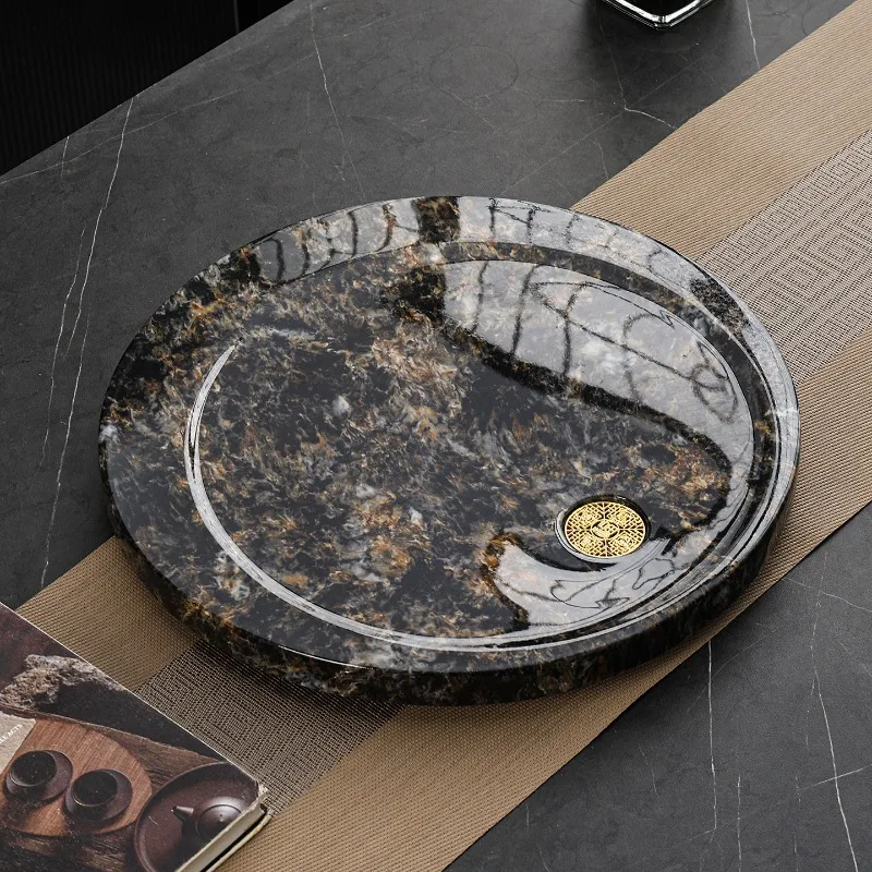 Hospitality Tableware Tea Tray Living Room Kitchen Valet Office Round Stone Drainage Tea Tray Luxury Bandejas Home Products