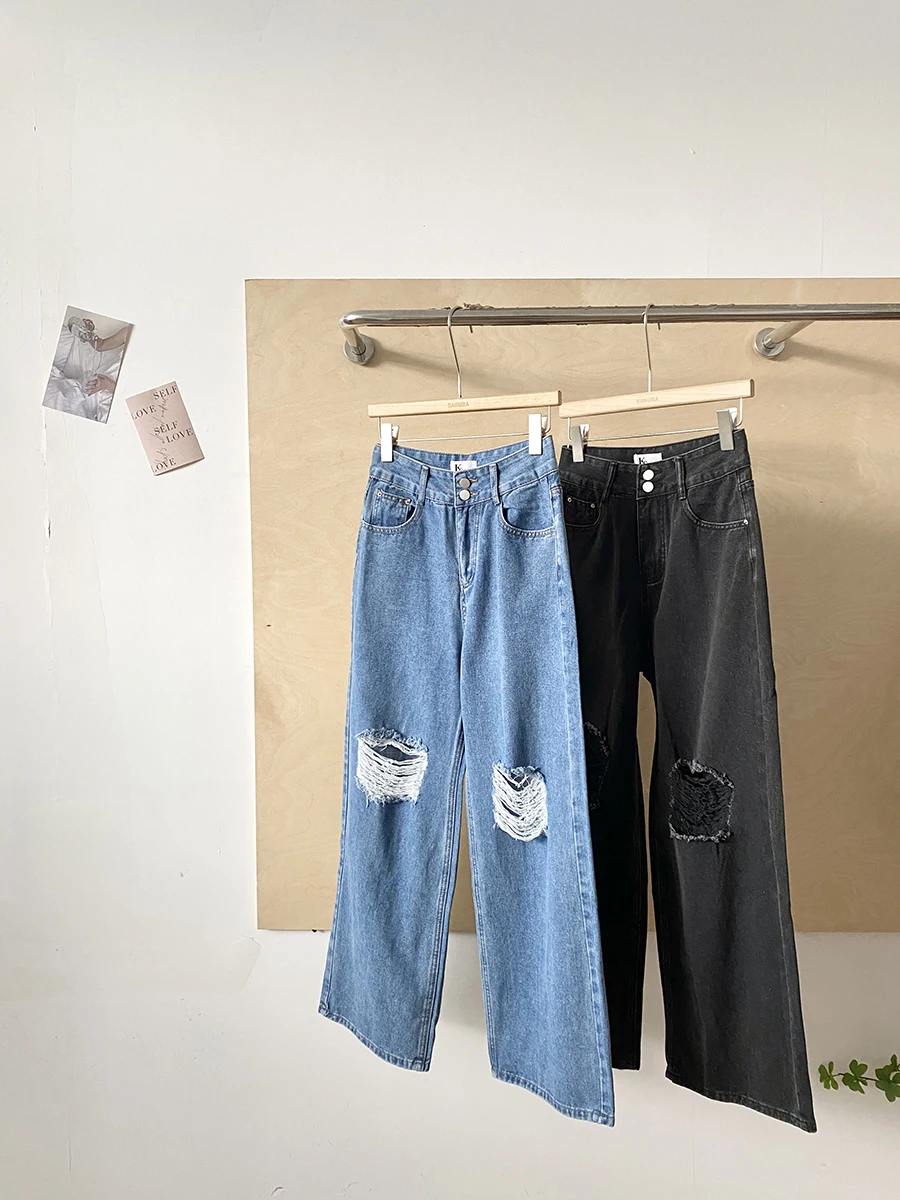 

Женские джинсы с высокой талией свободного кроя, весна 2026, в американском ретро-стиле, с эффектом потертости, широкие штанины, модные, из полиэфирного волокна