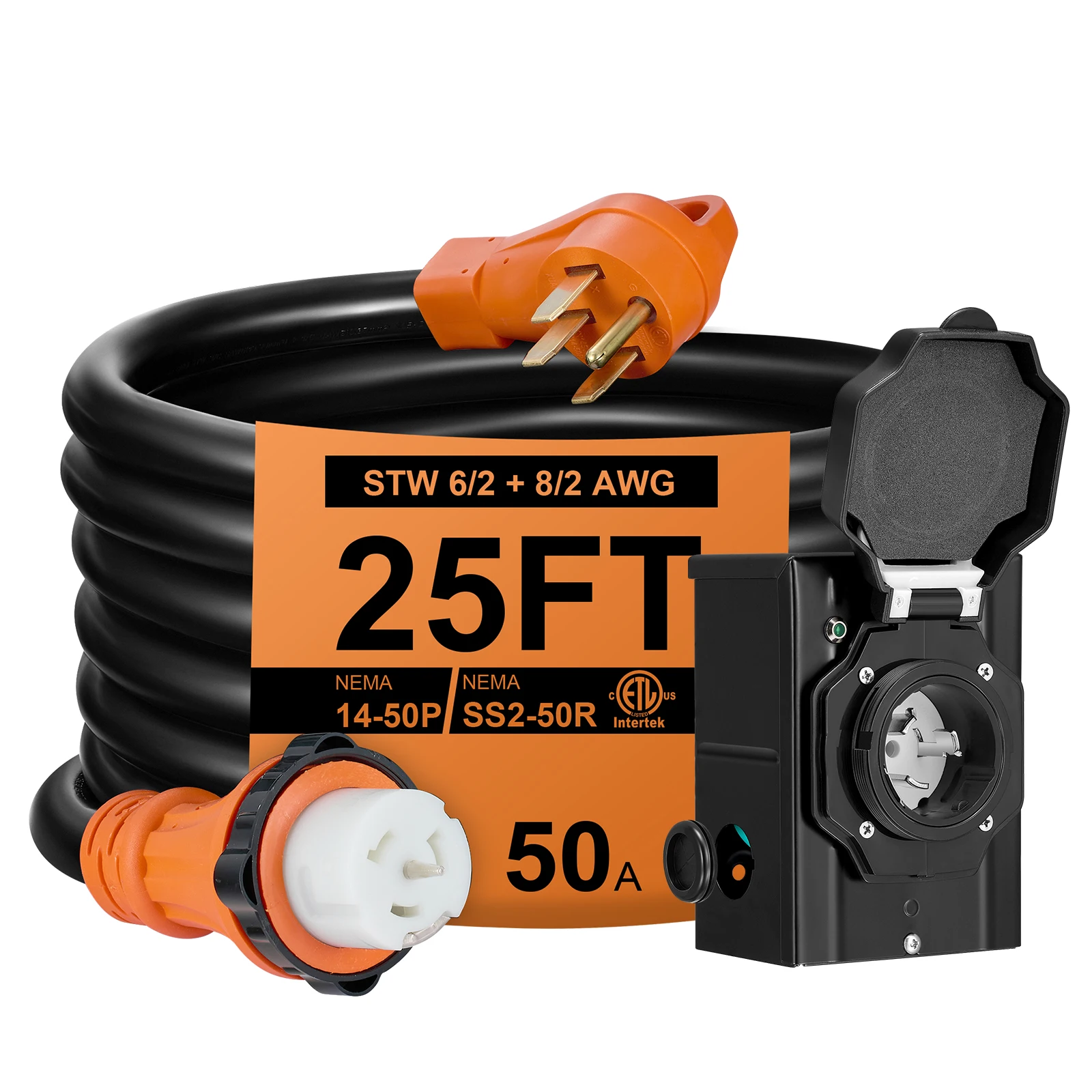 Cabo gerador de 25 pés 50amp com caixa de entrada de energia pré-perfurada, cabo de alimentação para gerador resistente, fonte de alimentação para casa/rv