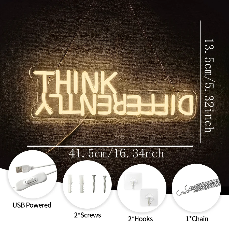 Think Differently Led Neon Sign, Positive Quotation Icon Wall Art Decor, Bedroom, Study, Library, Classroom, Office Wall Lamp.
