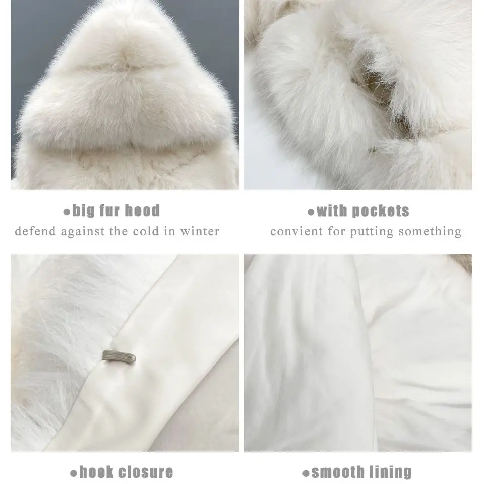 Janefur-Faux Fur Coat with Hood for Women, White Bomber Jackets, Fluffy Imitation Fox Fur, Fake Fur, Winter, Wholesale, New