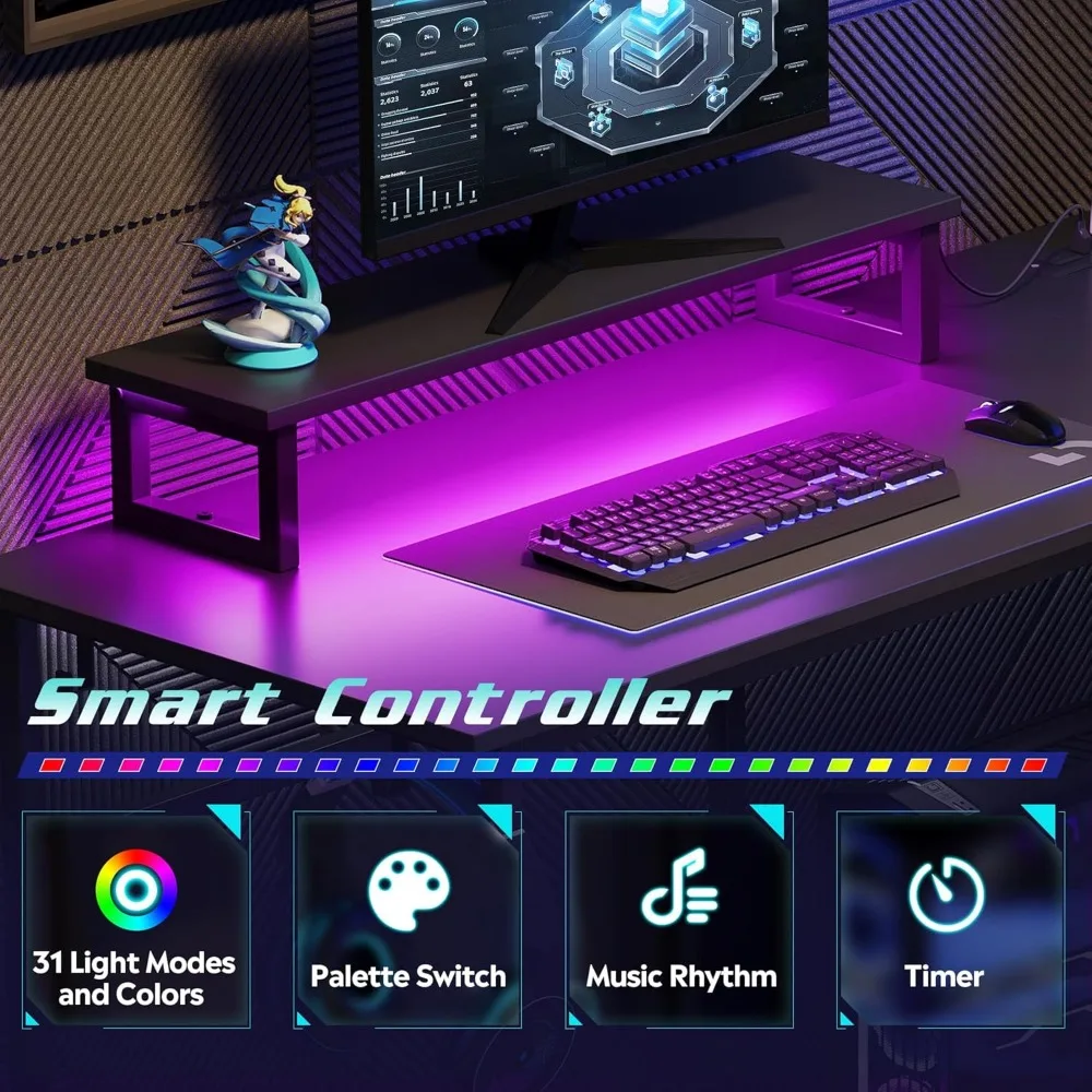 Escritorio para juegos en forma de L de 47 pulgadas con iluminación LED con tomas de corriente, escritorio esquinero para PC para espacios pequeños, mesa duradera para ordenador con Sp