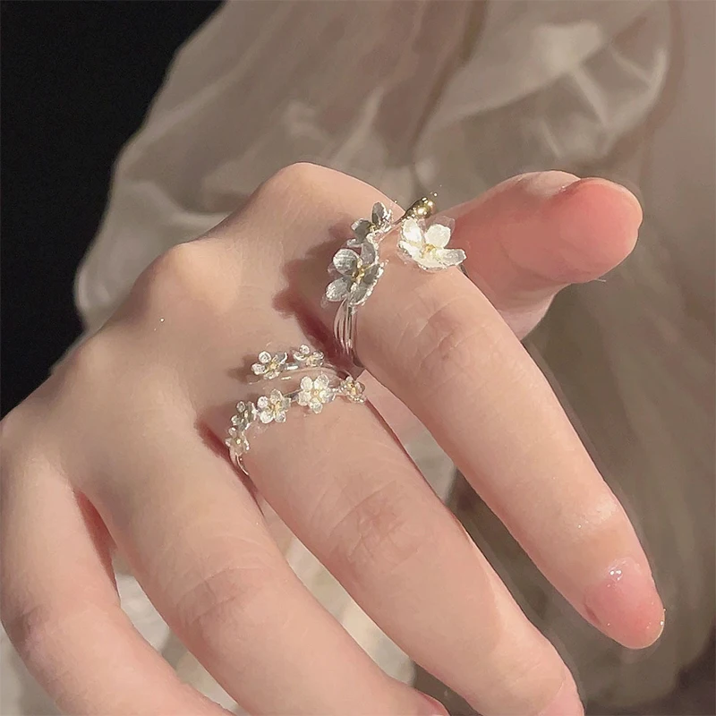 Delicate Flower Opening Adjustable Rings For Women Silver Color Minimalist Finger Ring Engagement Fine Jewelry Female Gift