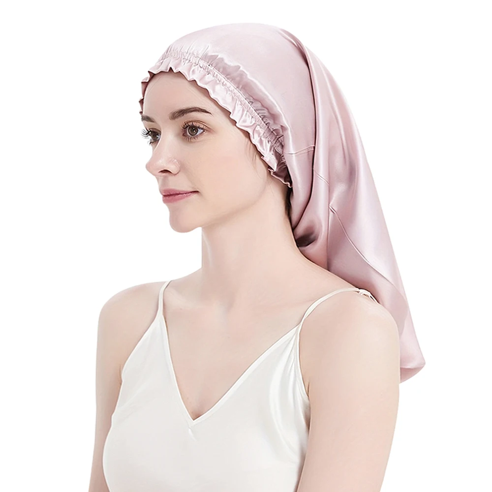 100% Pure Mulberry Silk Bonnet Sleep Hair Cap Long Bonnets Hair Wrap Adjustable Straps for Long Curly Hair Braid 19 Momme