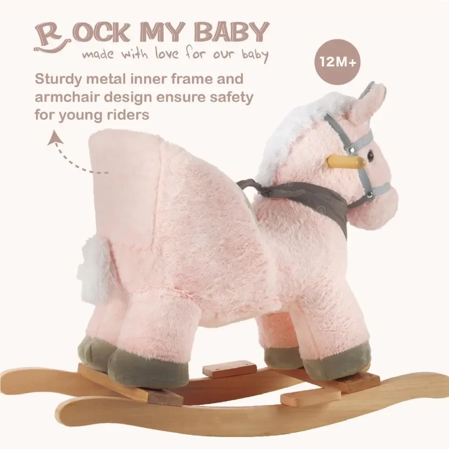 حصان هزاز يونيكورن الطفل الحيوان الروك حصان هزاز مع مقعد ركوب على الحصان أفخم حصان هزاز مع موسيقى يونيكورن خشبية Ro