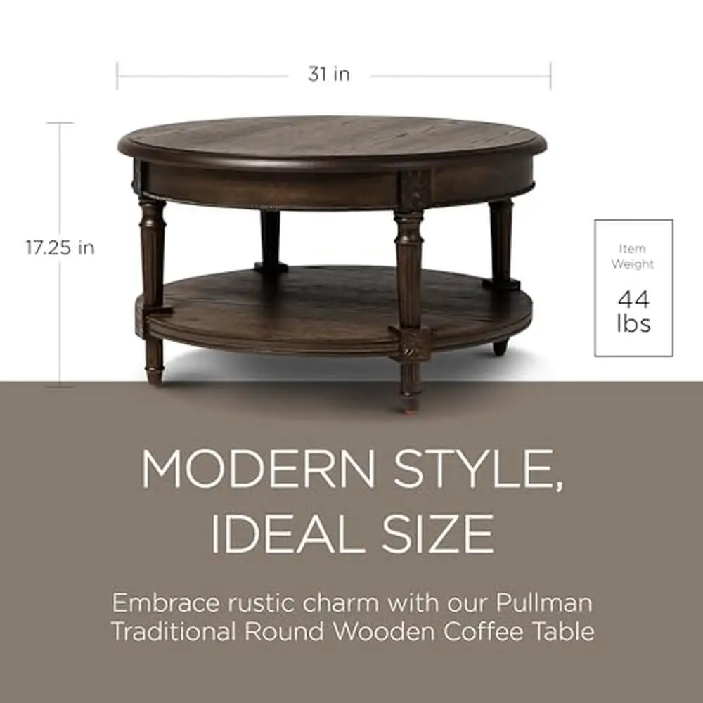 Large 2 Tier Round Wooden Coffee Table with Storage Shelf Rustic Antique Brown Hand-Carved Details Solid Wood Construction