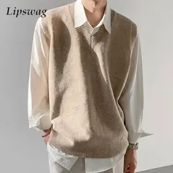 Fashionable All-match Knitted Tank Tops Men Trendy Sleeveless V Neck Sweaters Mens Vintage Solid Color Slim Knit Vest Pullovers