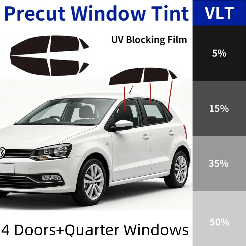 Pre‑Cut Window Tint Film For VW Polo 5‑Door Hatchback 9N 6R 6C AW 4 Doors+Quarter Windows UV IR Heat Blocking Privacy 2‑Ply PET
