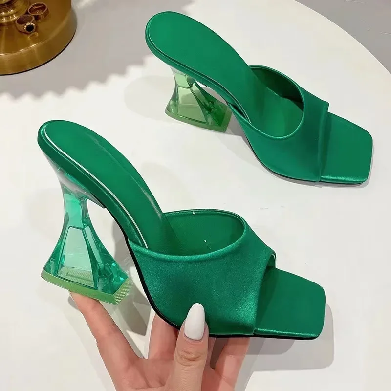 Summer Women\'s Green High Heel Slippers Silky Wide Band Transparent Strange Sandals  Female Comfortable PU Leather Slides Pumps