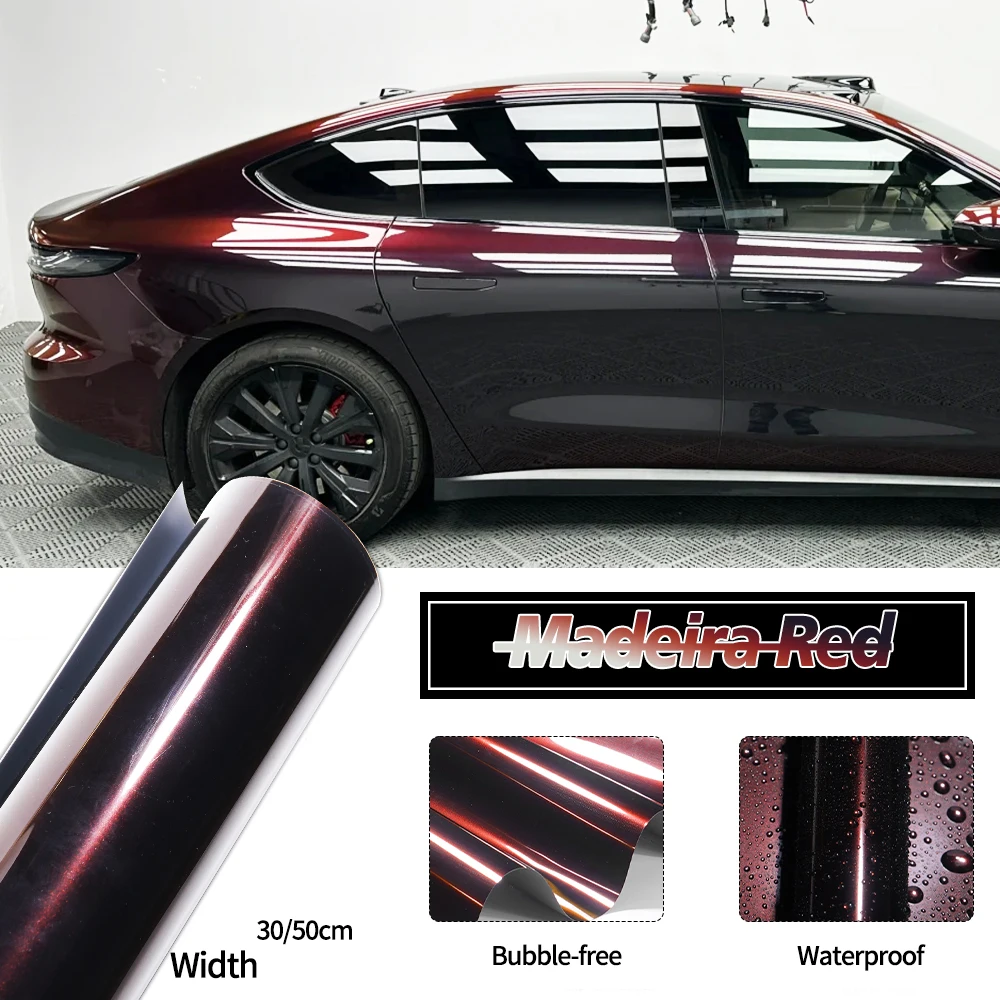 

PET High Glossy Madeira Red Vinyl Wrap Film Chameleon Black Charm Red Air-Release Car Wrapping Car Motorcycle Decal Adhesive