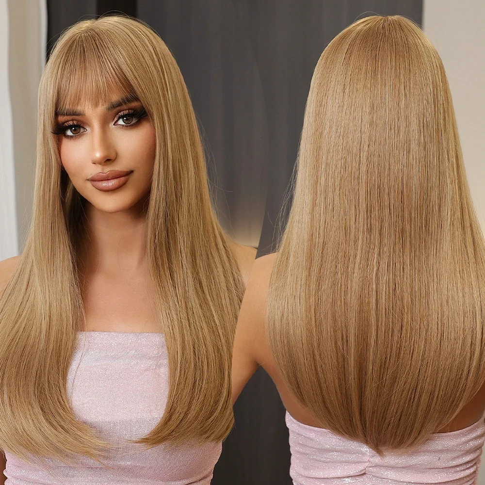 

Long Golden Dirty Blonde Straight Synthetic Natural Hair with Bangs for Women Cosplay Party Daily Heat Resistant Hair Wigs