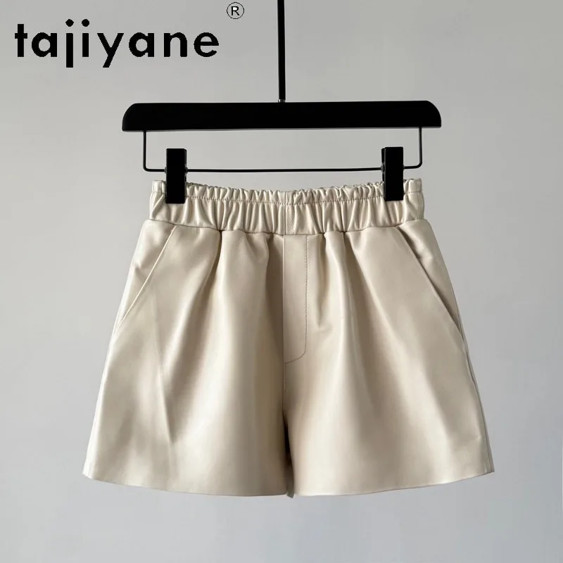 TAJIYANE Sheepskin Real Leather Shorts Women's Shorts A-line Shorts for Woman Wide Leg Short Pants Elastic Waist Korean Шорты