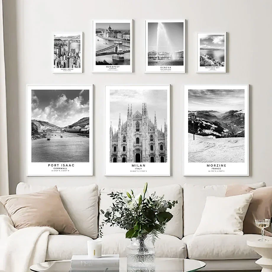 Hong Kong Montego Bay Budapest Black And White Architecture Fashion Wall Art Canvas Painting Nordic Poster  Room Decor