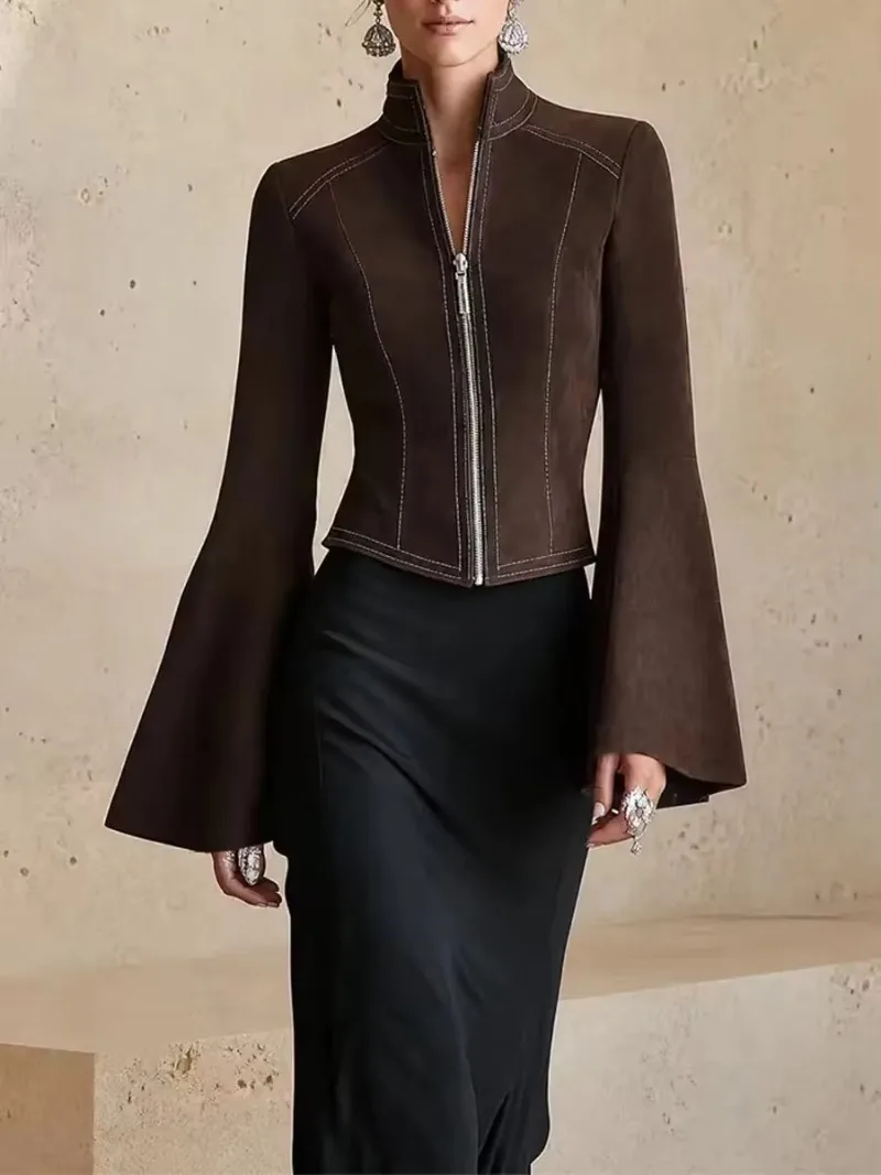 Women Faux Suede Cropped Jacket Stand Collar Full Front Zipper Flare Long Sleeve Slim Fit Vintage Short Outerwear for Street