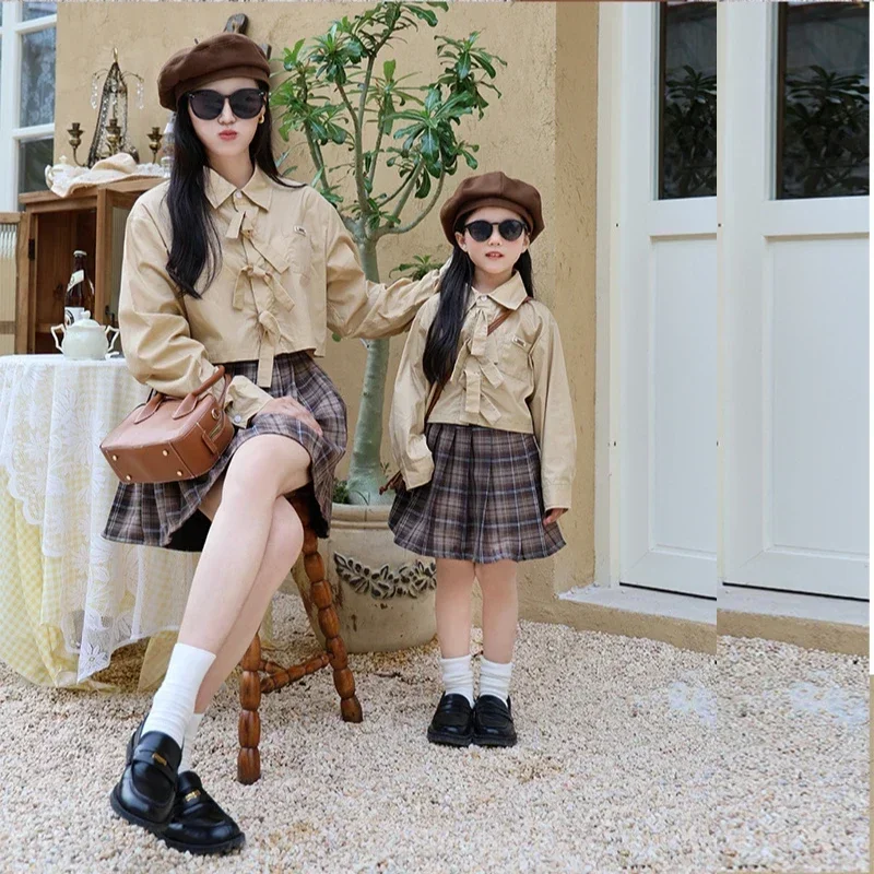 Mom and Daughter Matching Clothes Sets Mother Girls Equal Outfits Mummy and Me Long Sleeve Blouse + Plaid Skirts Two Piece Suit