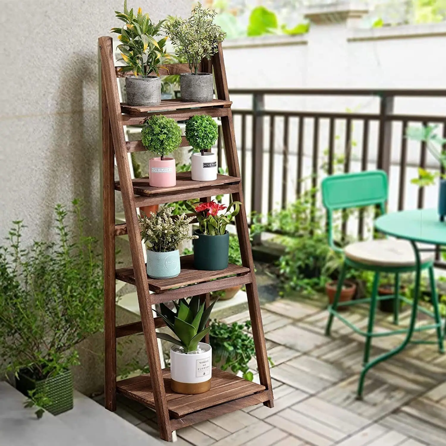 Folding 4 Tier Ladder Shelf, Storage Shelving Unit, Wooden Bookcase, Plant Flower Display Rack, Indoor Rack