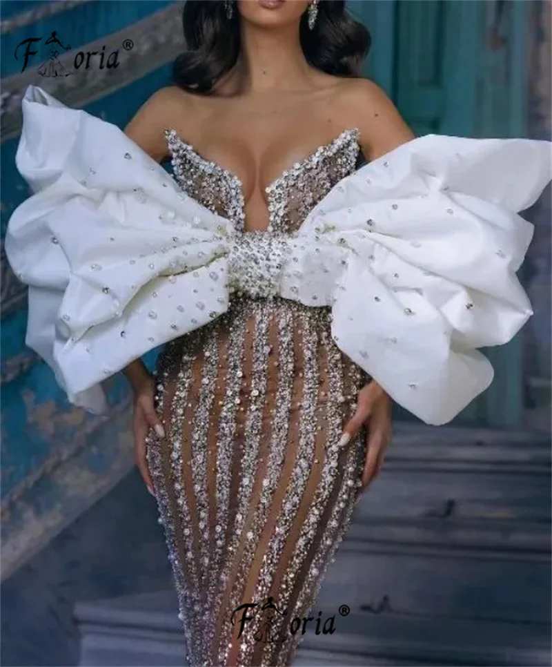 Big Bow Couture Beadings Crystal Mermaid Formal Event Dress Luxury Heavy Handmade Stone Pearl Celebrity Party Gown Illusion Robe